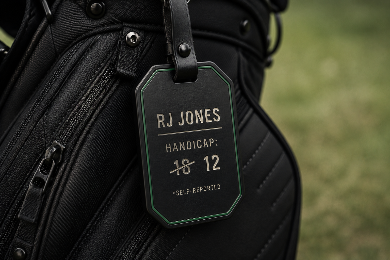 Black metal bag tag reading RJ Jones, Handicap 18 crossed out to 12, self-reported