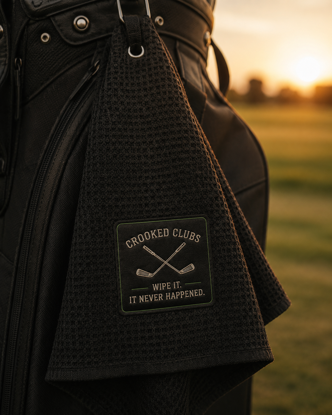 Black waffle-knit towel clipped to a golf bag with a Wipe It, It Never Happened patch